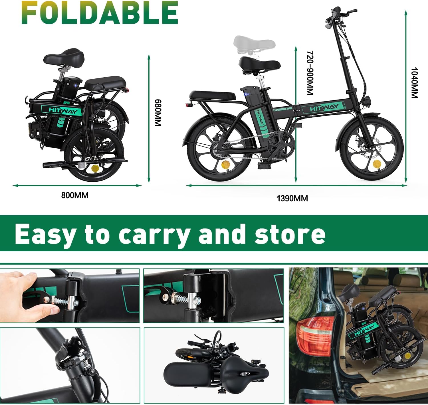 HITWAY Electric Bike E-Bike 10Ah Battery Foldable City Bikes, Range 35-70KM, 250W/36V/8.4Ah Battery